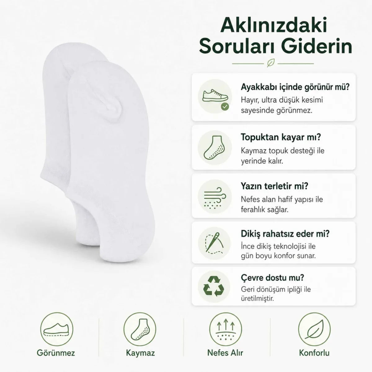 Kadın Geri Dönüşüm İplikli 12’li Görünmez Sneaker Çorap, İnce Dikişli Nefes Alan Babet Çorap Siyah Beyaz Gri