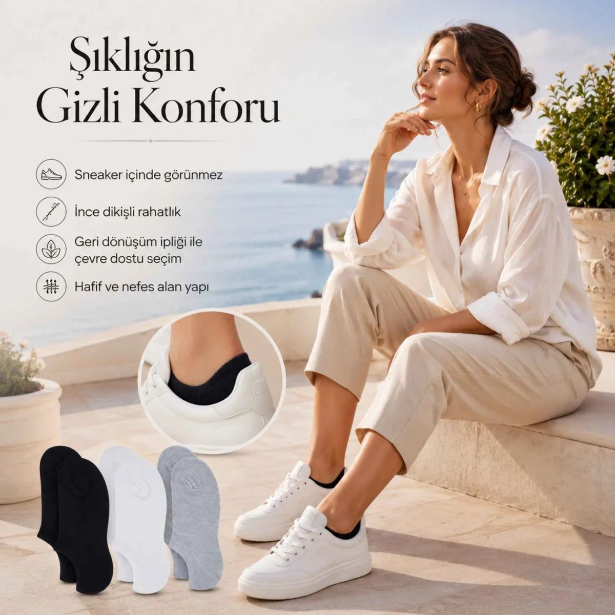 Kadın Geri Dönüşüm İplikli 12’li Görünmez Sneaker Çorap, İnce Dikişli Nefes Alan Babet Çorap Siyah Beyaz Gri