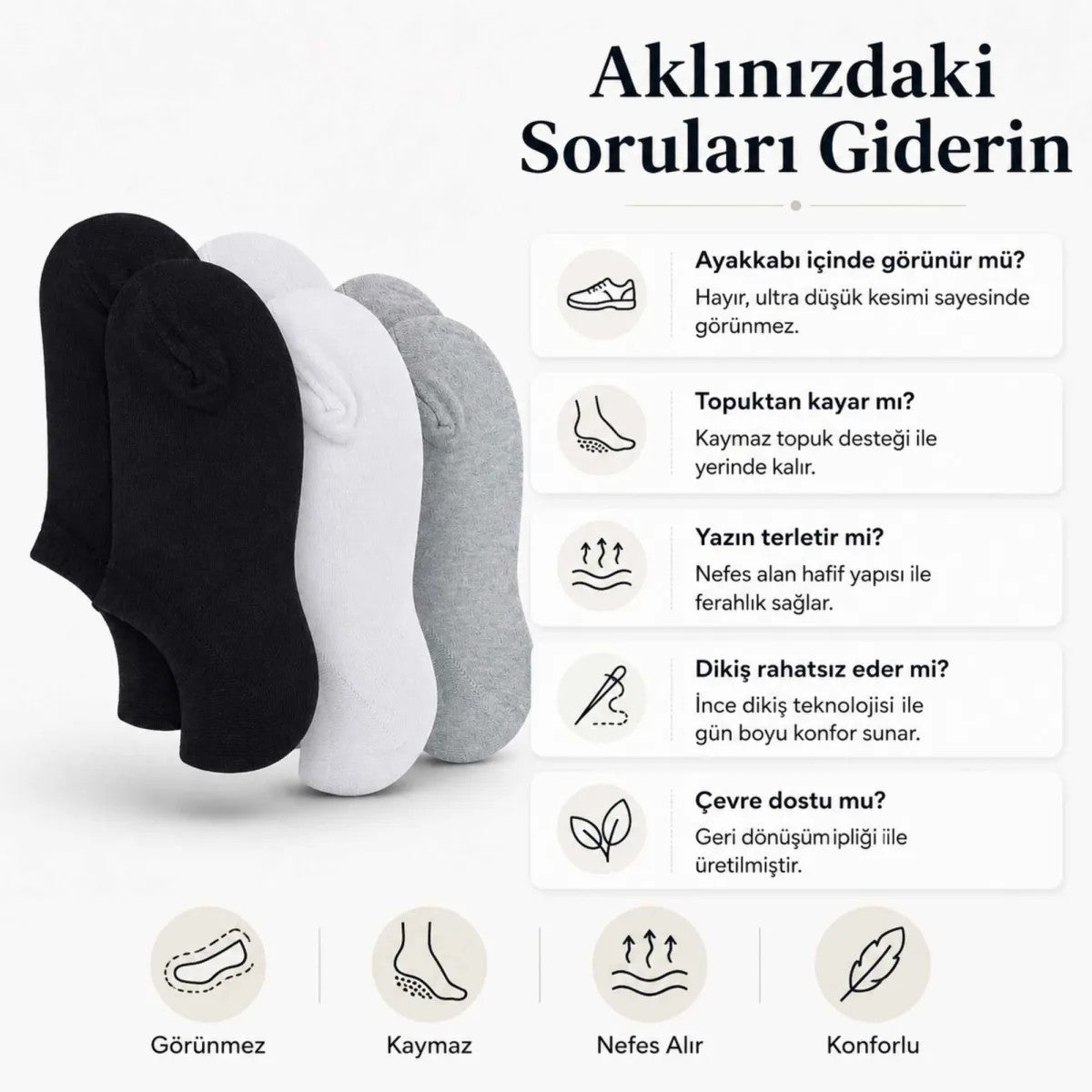 Kadın Geri Dönüşüm İplikli 12’li Görünmez Sneaker Çorap, İnce Dikişli Nefes Alan Babet Çorap Siyah Beyaz Gri