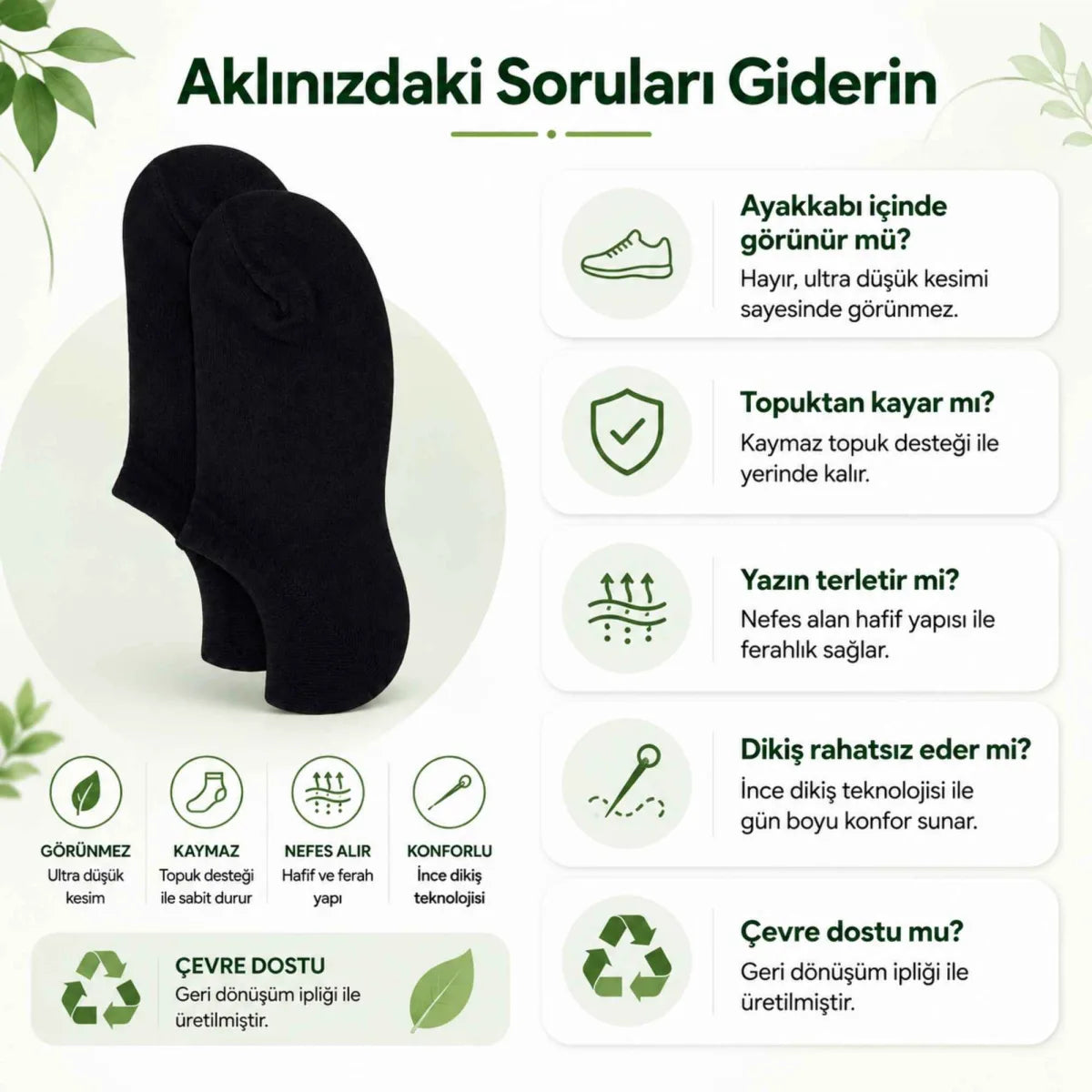 Kadın Geri Dönüşüm İplikli 12’li Görünmez Sneaker Çorap, İnce Dikişli Nefes Alan Babet Çorap Siyah Beyaz Gri