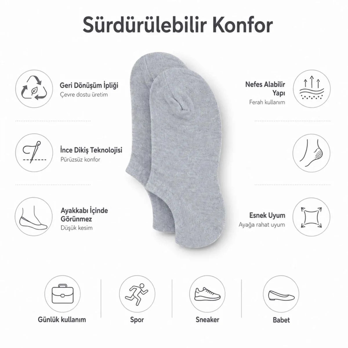 Kadın Geri Dönüşüm İplikli 12’li Görünmez Sneaker Çorap, İnce Dikişli Nefes Alan Babet Çorap Siyah Beyaz Gri