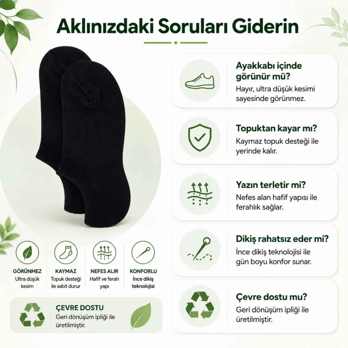 Kadın Geri Dönüşüm İplikli 6’lı Görünmez Sneaker Çorap, İnce Dikişli Nefes Alan Babet Çorap Siyah Beyaz Gri