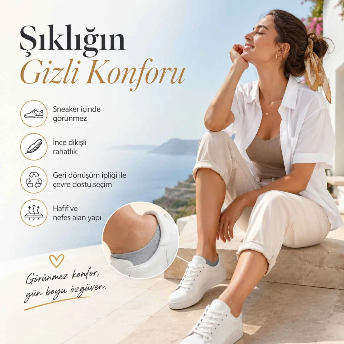 Kadın Geri Dönüşüm İplikli 6’lı Görünmez Sneaker Çorap, İnce Dikişli Nefes Alan Babet Çorap Siyah Beyaz Gri