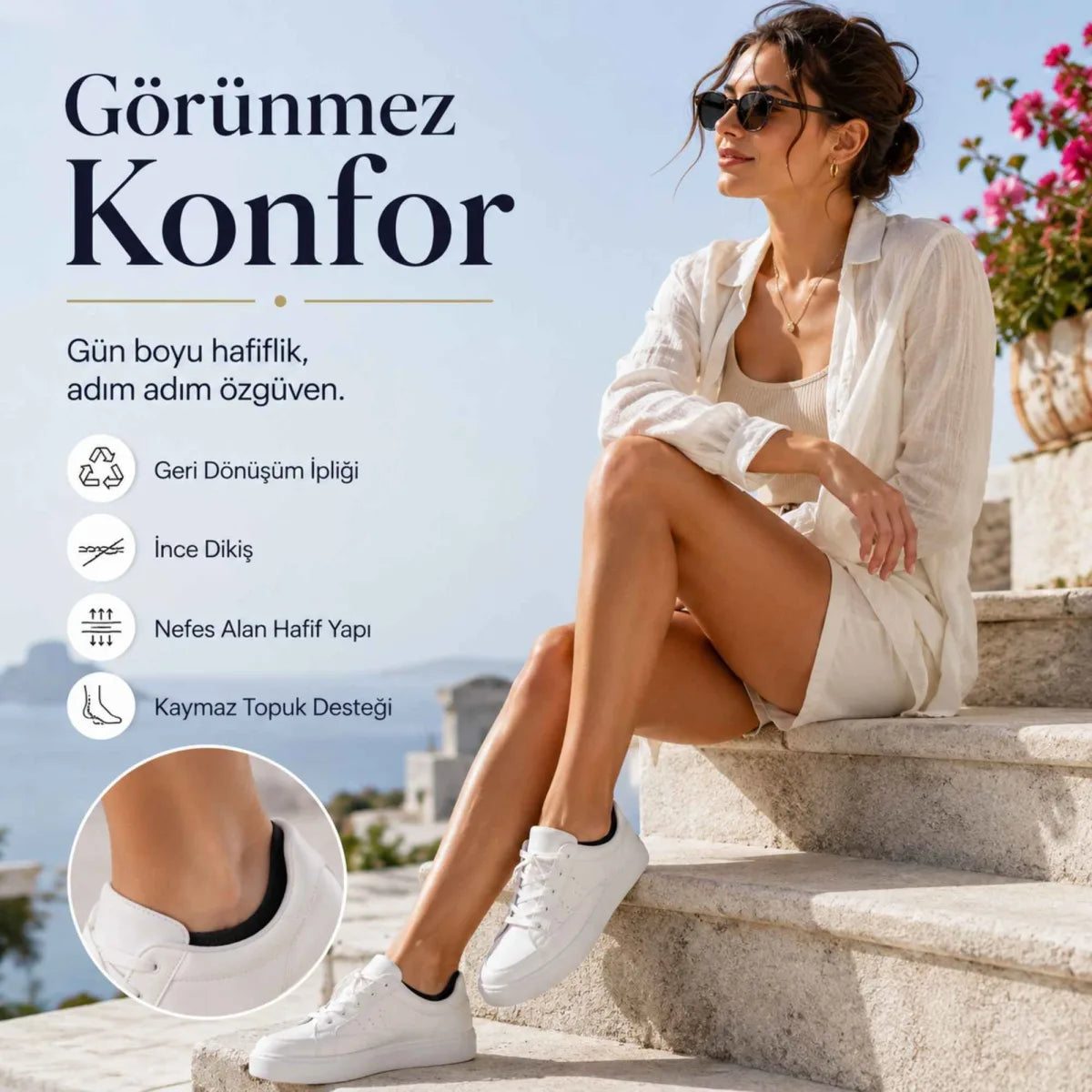 Kadın Geri Dönüşüm İplikli 6’lı Görünmez Sneaker Çorap, İnce Dikişli Nefes Alan Babet Çorap Siyah Beyaz Gri