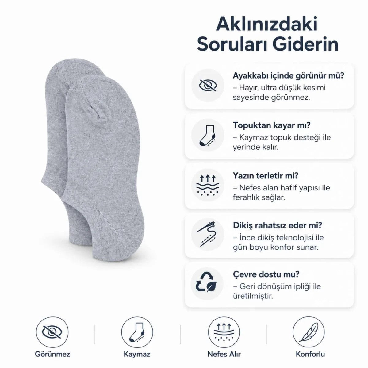 Kadın Geri Dönüşüm İplikli 6’lı Görünmez Sneaker Çorap, İnce Dikişli Nefes Alan Babet Çorap Siyah Beyaz Gri