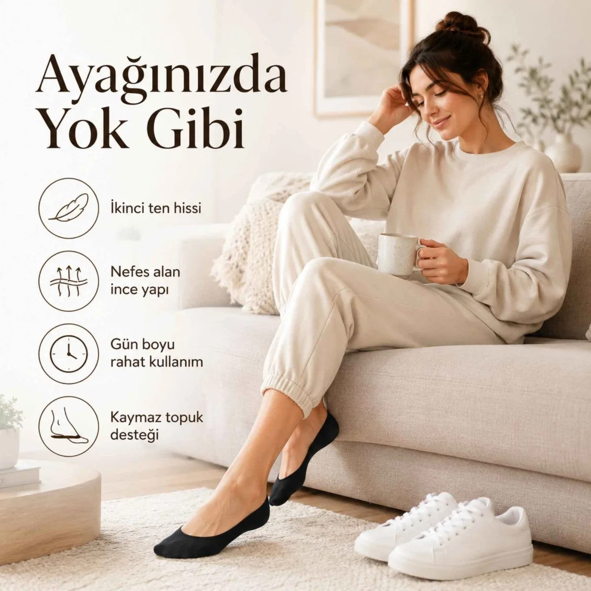 Kadın Geri Dönüşüm İplikli 6’lı Görünmez Sneaker Çorap, İnce Dikişli Nefes Alan Babet Çorap Siyah Beyaz Gri
