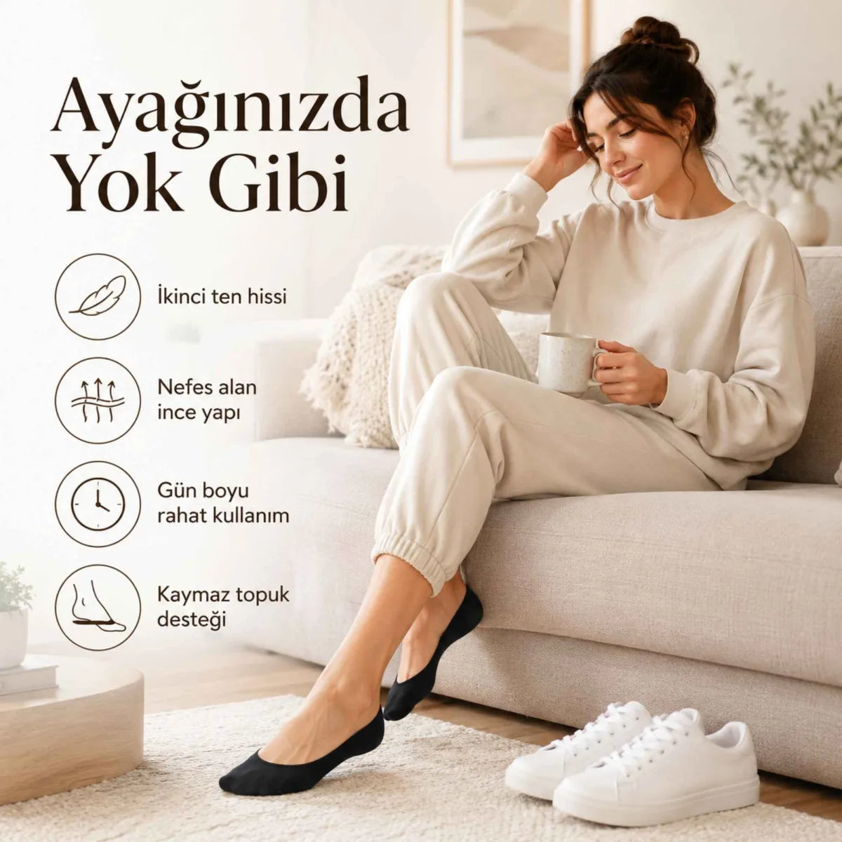 Kadın Geri Dönüşüm İplikli 6’lı Görünmez Sneaker Çorap, İnce Dikişli Nefes Alan Babet Çorap Siyah Beyaz Gri