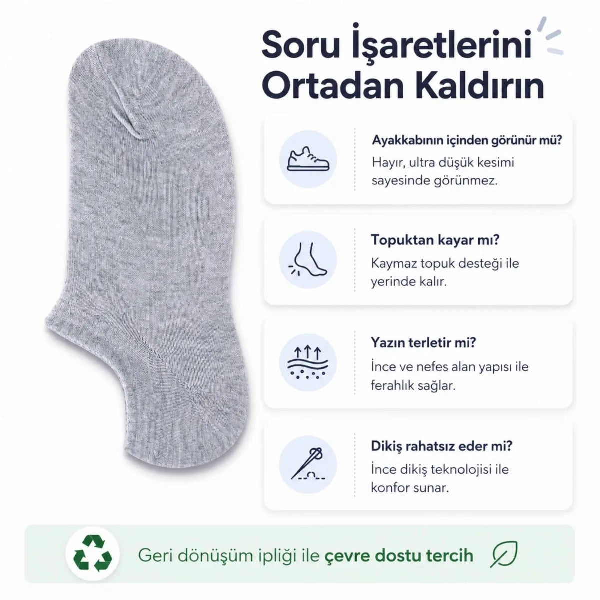 Erkek Geri Dönüşüm İplikli 12’li Görünmez Sneaker Çorap, İnce Dikişli, Nefes Alan Yazlık Babet Çorabı, Kaymaz Topuklu Siyah Gri Beyaz