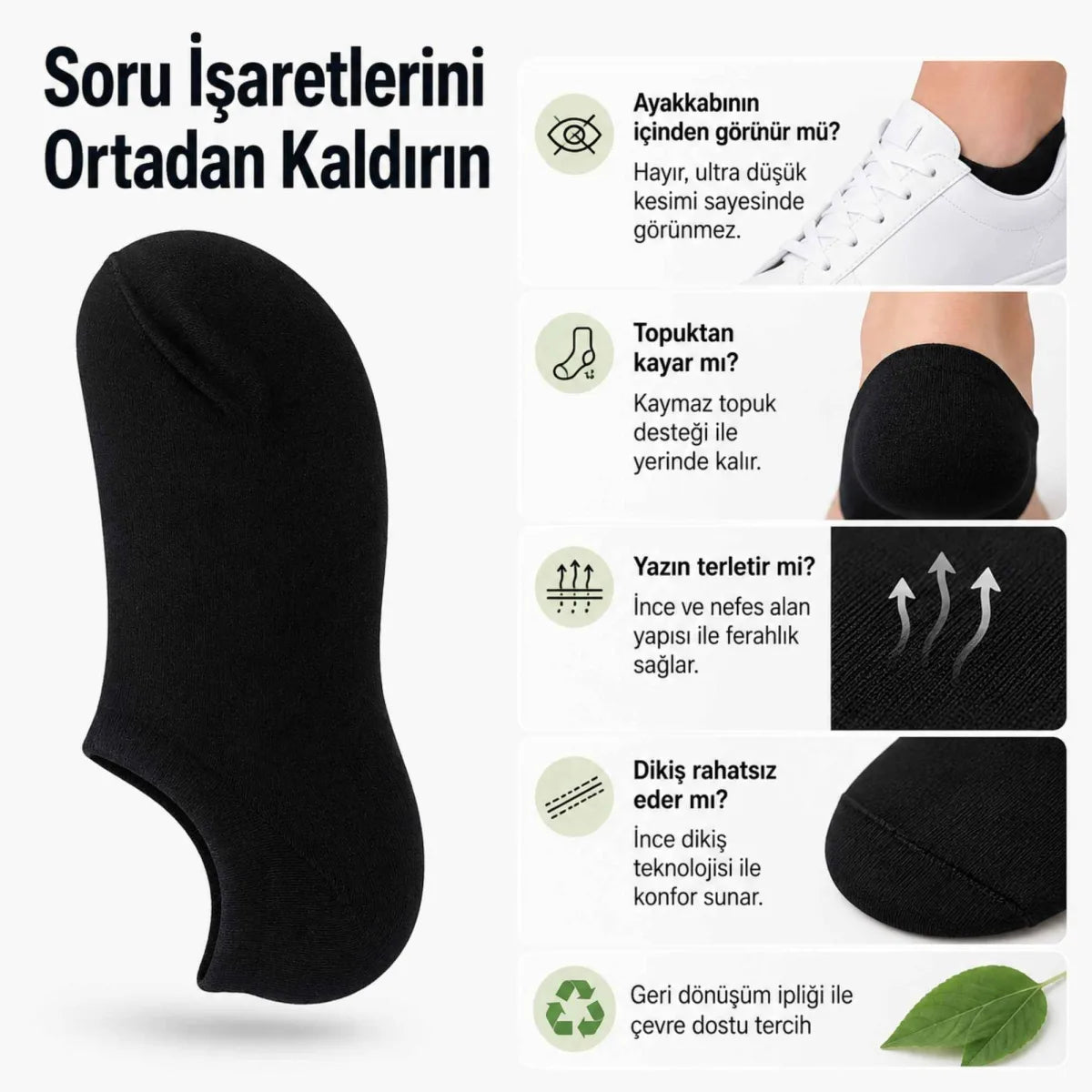 Erkek Geri Dönüşüm İplikli 12’li Görünmez Sneaker Çorap, İnce Dikişli, Nefes Alan Yazlık Babet Çorabı, Kaymaz Topuklu Siyah Gri Beyaz