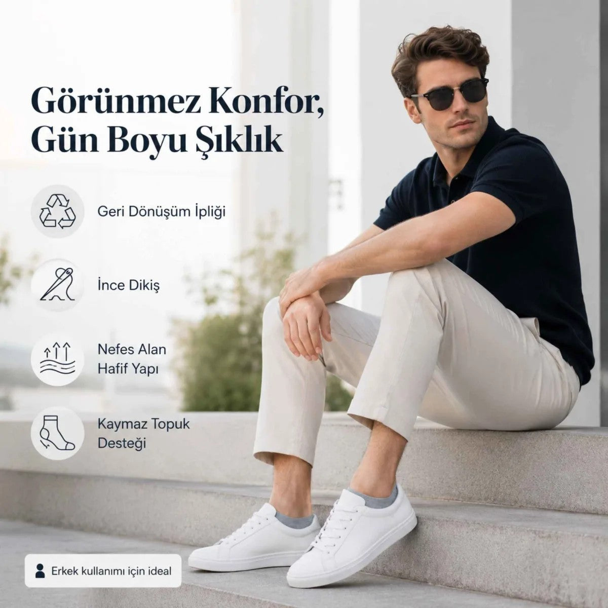 Erkek Geri Dönüşüm İplikli 12’li Görünmez Sneaker Çorap, İnce Dikişli, Nefes Alan Yazlık Babet Çorabı, Kaymaz Topuklu Siyah Gri Beyaz