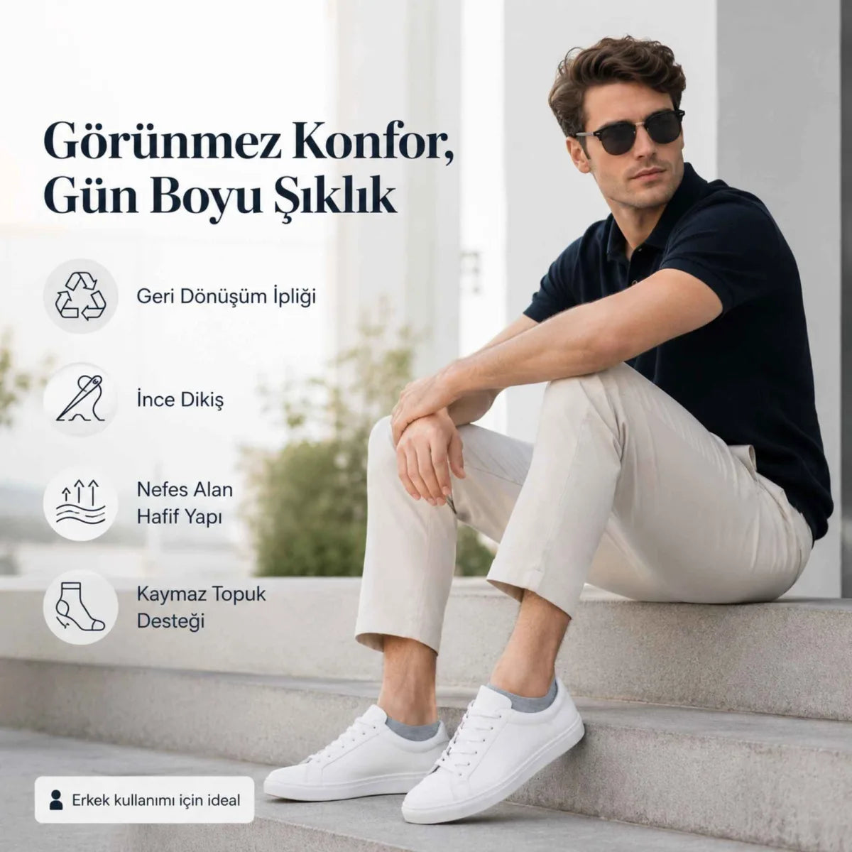 Erkek Geri Dönüşüm İplikli 12’li Görünmez Sneaker Çorap, İnce Dikişli, Nefes Alan Yazlık Babet Çorabı, Kaymaz Topuklu Siyah Gri Beyaz