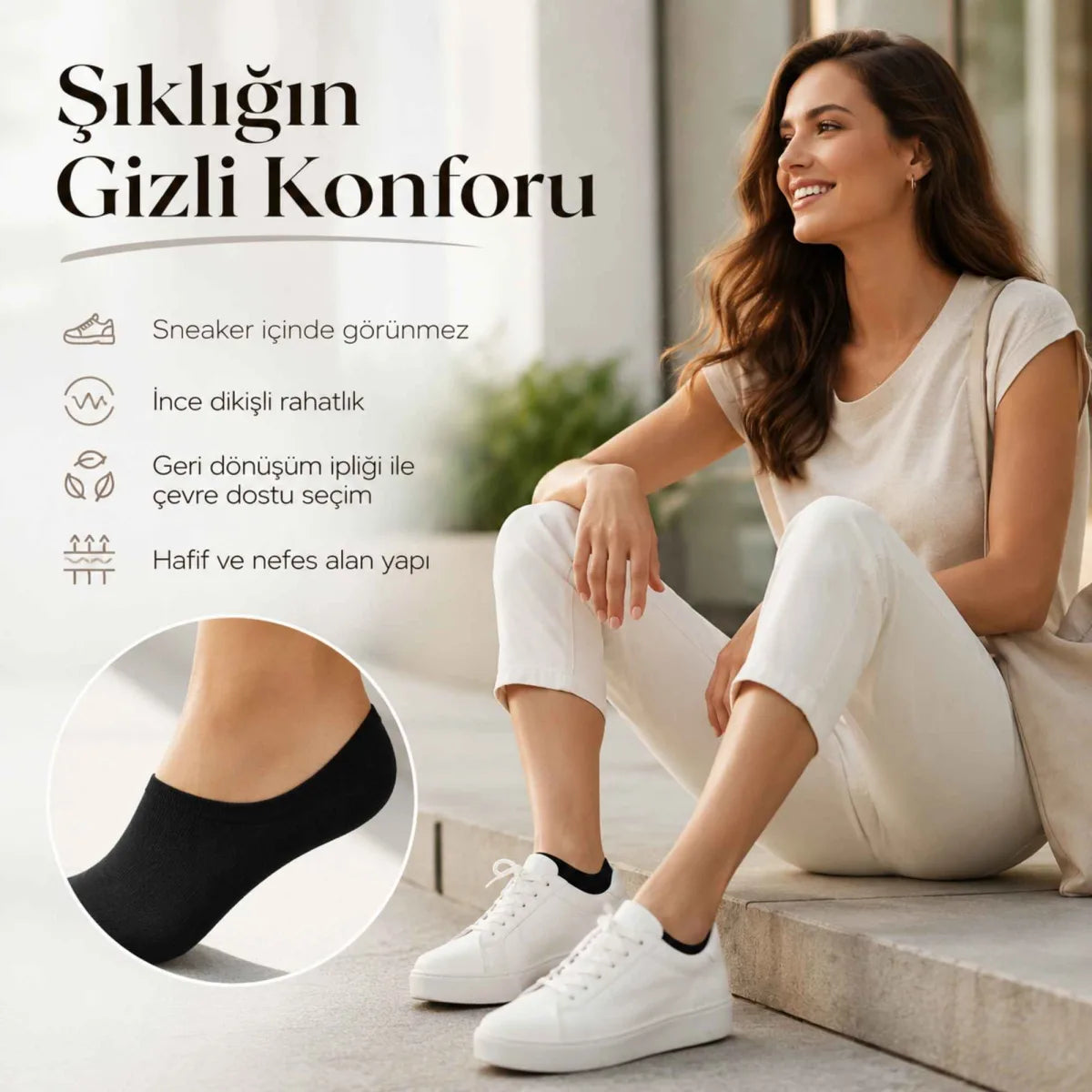 Erkek Geri Dönüşüm İplikli 12’li Görünmez Sneaker Çorap, İnce Dikişli, Nefes Alan Yazlık Babet Çorabı, Kaymaz Topuklu Siyah Gri Beyaz