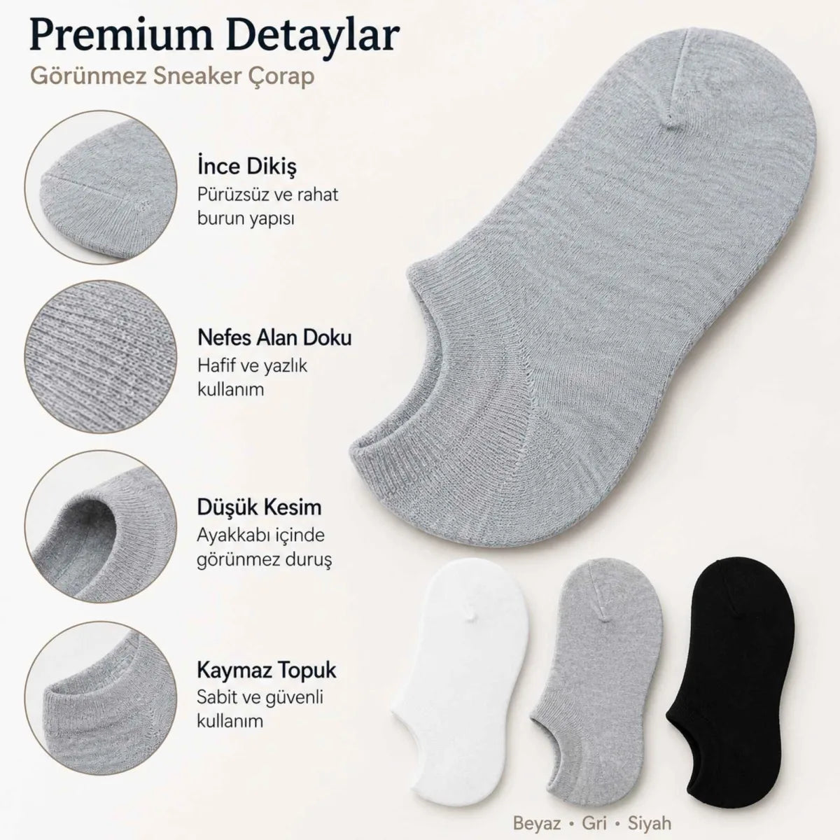 Erkek Geri Dönüşüm İplikli 6’lı Görünmez Sneaker Çorap, İnce Dikişli, Nefes Alan Yazlık Babet Çorabı, Kaymaz Topuklu Siyah Gri Beyaz
