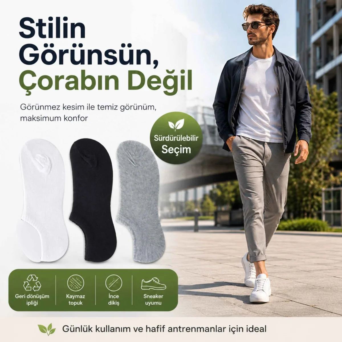 Erkek Geri Dönüşüm İplikli 6’lı Görünmez Sneaker Çorap, İnce Dikişli, Nefes Alan Yazlık Babet Çorabı, Kaymaz Topuklu Siyah Gri Beyaz