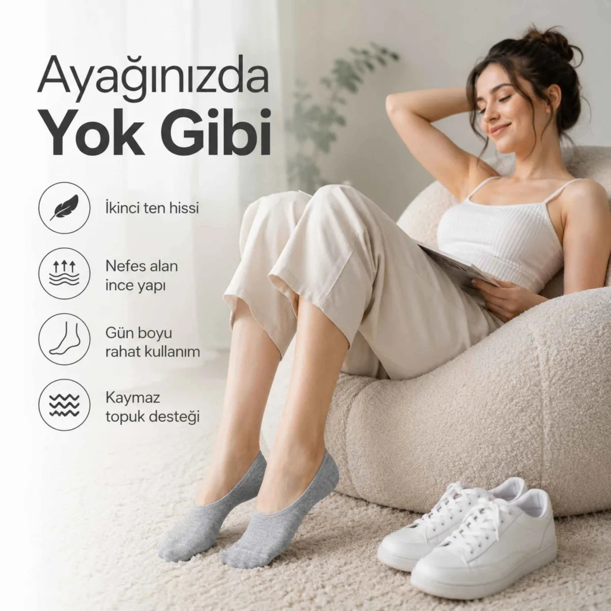 Erkek Geri Dönüşüm İplikli 6’lı Görünmez Sneaker Çorap, İnce Dikişli, Nefes Alan Yazlık Babet Çorabı, Kaymaz Topuklu Siyah Gri Beyaz