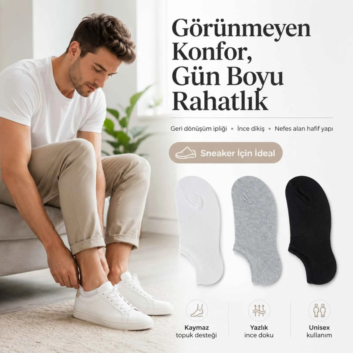 Erkek Geri Dönüşüm İplikli 6’lı Görünmez Sneaker Çorap, İnce Dikişli, Nefes Alan Yazlık Babet Çorabı, Kaymaz Topuklu Siyah Gri Beyaz