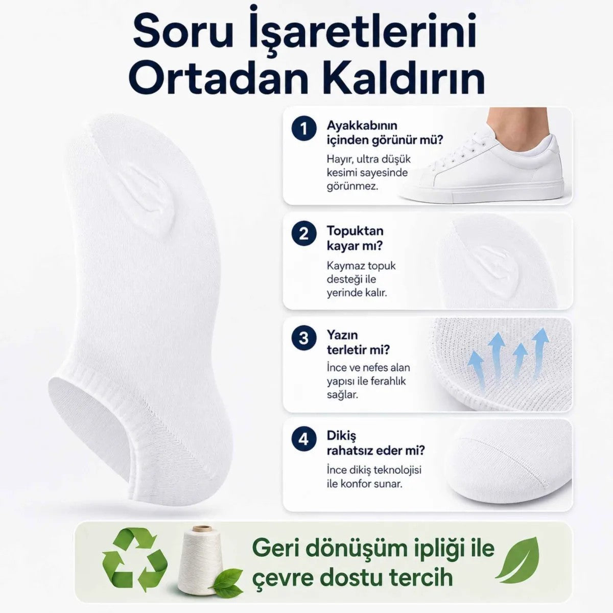 Erkek Geri Dönüşüm İplikli 6’lı Görünmez Sneaker Çorap, İnce Dikişli, Nefes Alan Yazlık Babet Çorabı, Kaymaz Topuklu Siyah Gri Beyaz