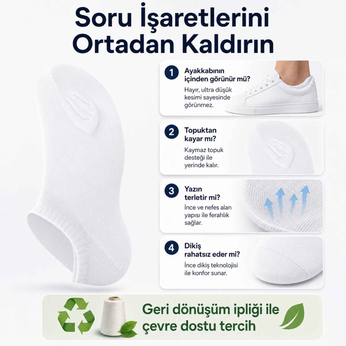Erkek Geri Dönüşüm İplikli 6’lı Görünmez Sneaker Çorap, İnce Dikişli, Nefes Alan Yazlık Babet Çorabı, Kaymaz Topuklu Siyah Gri Beyaz