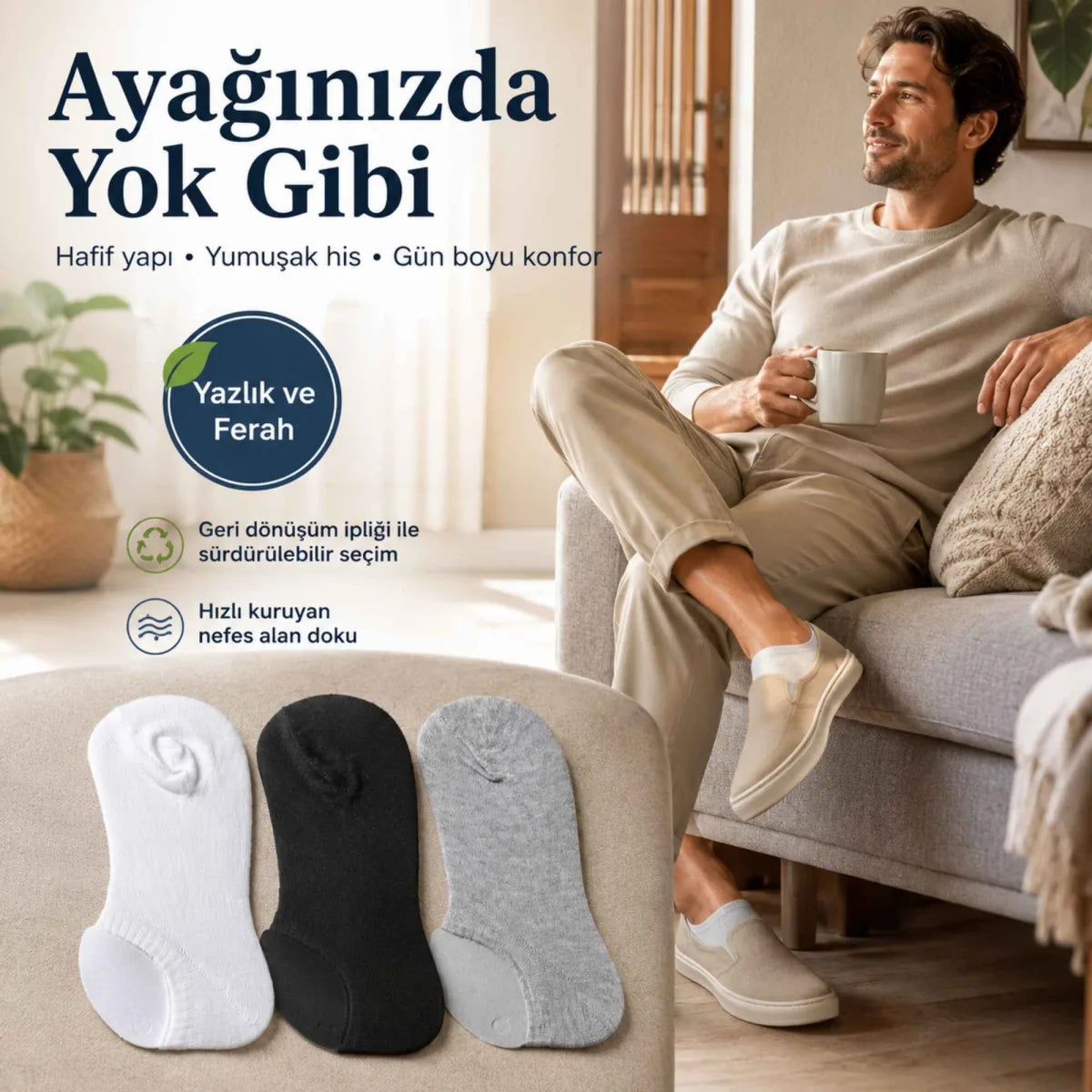 Erkek Geri Dönüşüm İplikli 6’lı Görünmez Sneaker Çorap, İnce Dikişli, Nefes Alan Yazlık Babet Çorabı, Kaymaz Topuklu Siyah Gri Beyaz