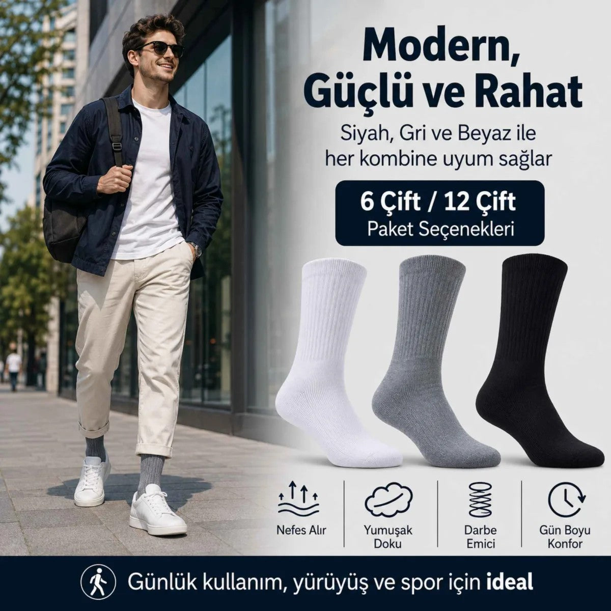 Erkek Spor Çorap 6 Çift, Taban Altı Havlu Destekli Penye Pamuklu Uzun Konç Çorap, Dikişsiz Burun, Yıkamalı Parfümlü, Siyah Gri Beyaz
