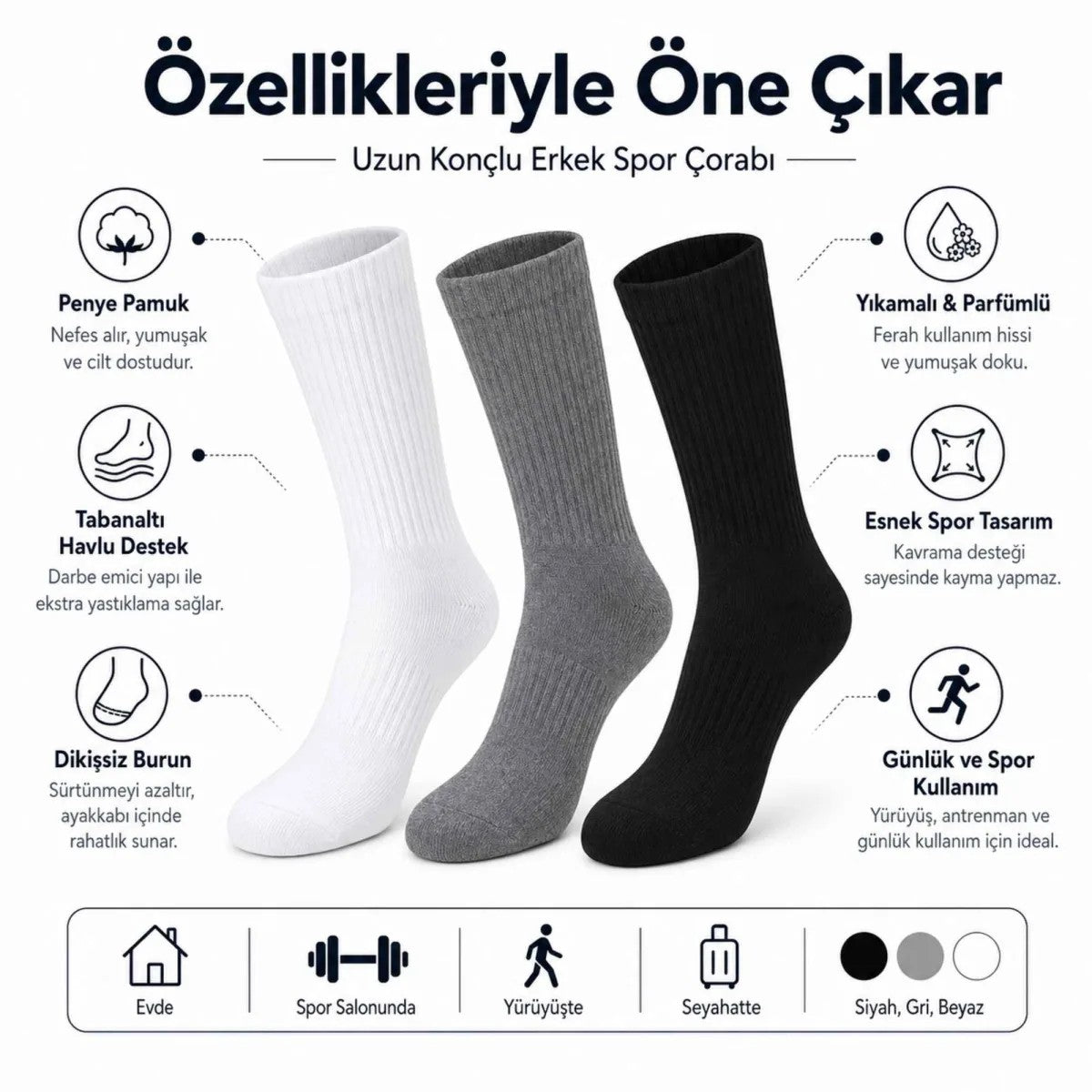 Erkek Spor Çorap 6 Çift, Taban Altı Havlu Destekli Penye Pamuklu Uzun Konç Çorap, Dikişsiz Burun, Yıkamalı Parfümlü, Siyah Gri Beyaz