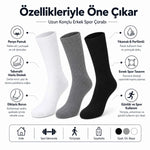 Erkek Spor Çorap 6 Çift, Taban Altı Havlu Destekli Penye Pamuklu Uzun Konç Çorap, Dikişsiz Burun, Yıkamalı Parfümlü, Siyah Gri Beyaz