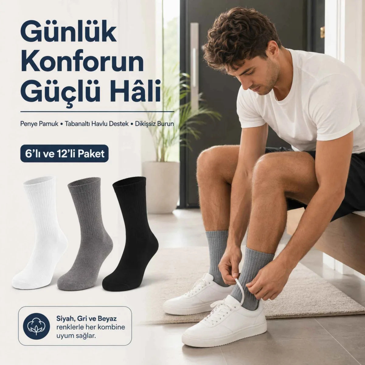 Erkek Spor Çorap 12 Çift, Taban Altı Havlu Destekli Penye Pamuklu Uzun Konç Çorap