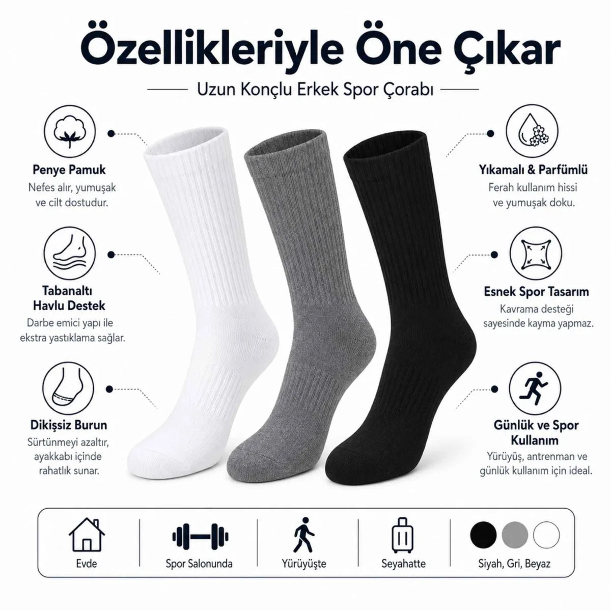 Erkek Spor Çorap 12 Çift, Taban Altı Havlu Destekli Penye Pamuklu Uzun Konç Çorap