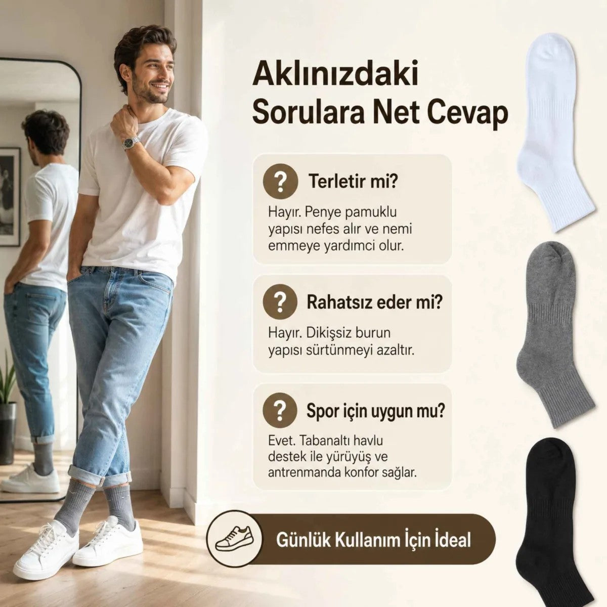 Erkek Spor Çorap 12 Çift, Taban Altı Havlu Destekli Penye Pamuklu Uzun Konç Çorap
