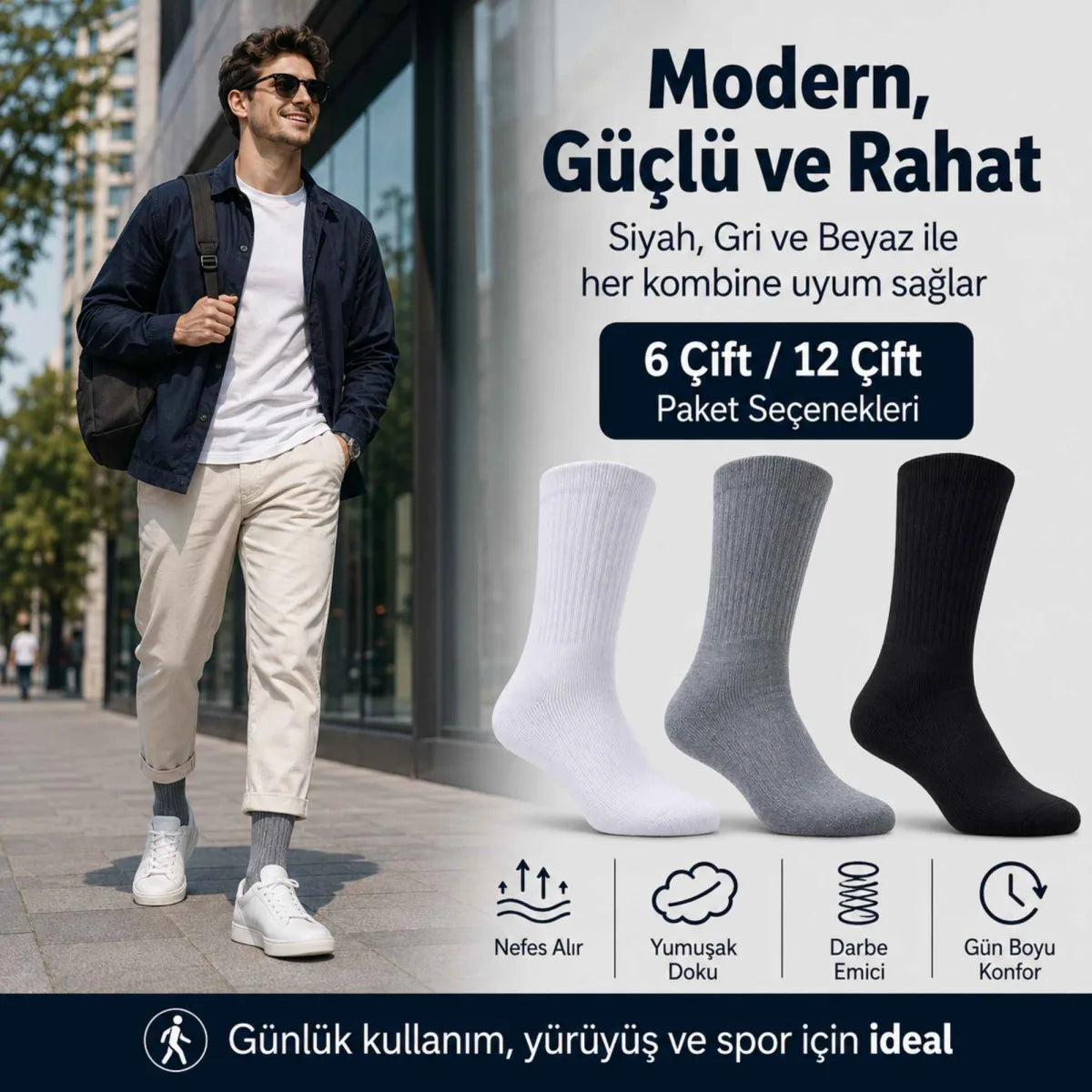 Erkek Spor Çorap 12 Çift, Taban Altı Havlu Destekli Penye Pamuklu Uzun Konç Çorap