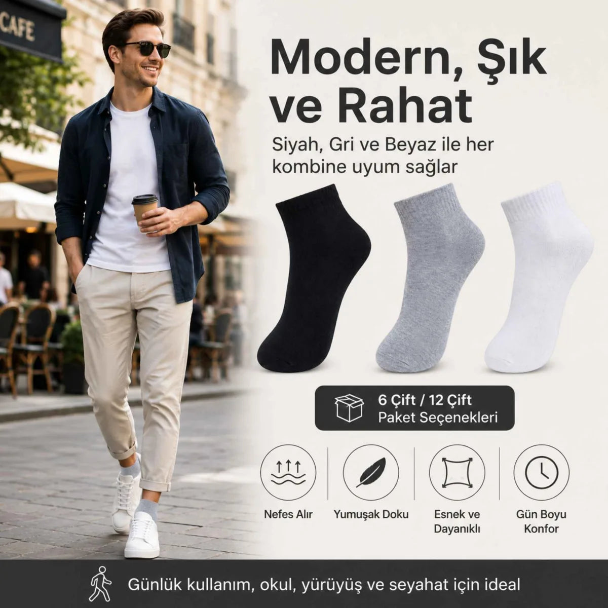 Erkek Kısa Konç Çorap 12’li Paket, %80 Pamuklu, Dikişsiz Burun, Nefes Alan Yumuşak Bilek Çorabı, Siyah Gri Beyaz