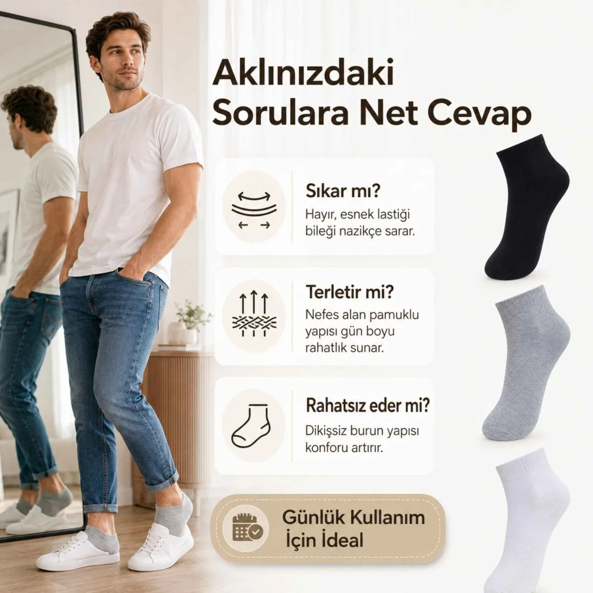 Erkek Kısa Konç Çorap 12’li Paket, %80 Pamuklu, Dikişsiz Burun, Nefes Alan Yumuşak Bilek Çorabı, Siyah Gri Beyaz