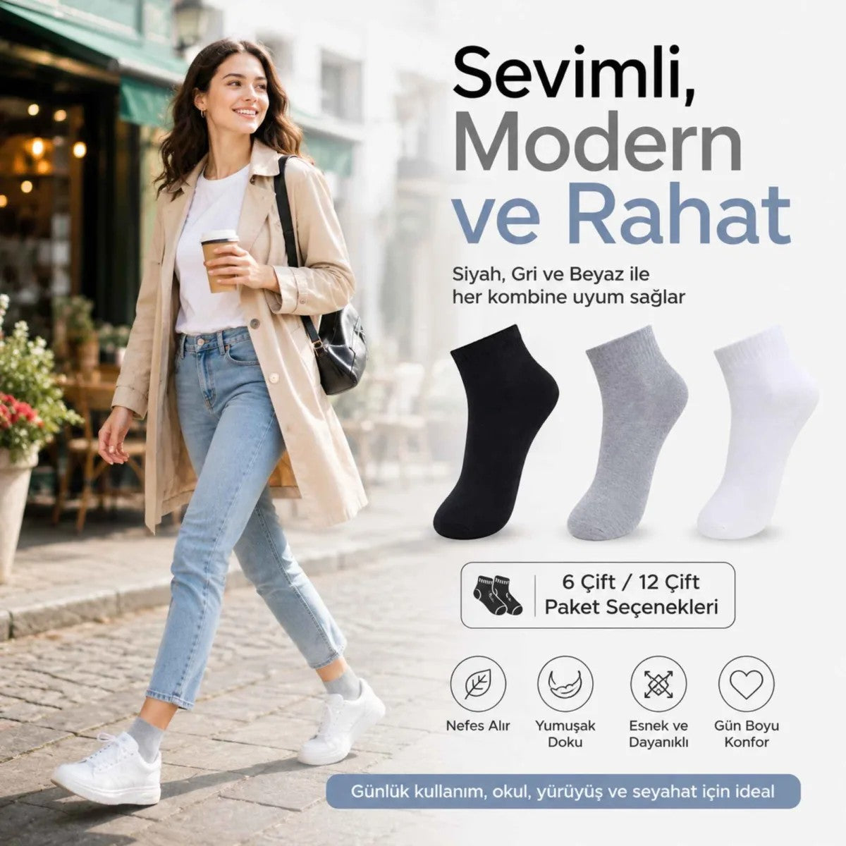 Kadın Kısa Konç Çorap 12’li Paket, %80 Pamuklu, Dikişsiz Burun, Nefes Alan Yumuşak Bilek Çorabı, Siyah Gri Beyaz