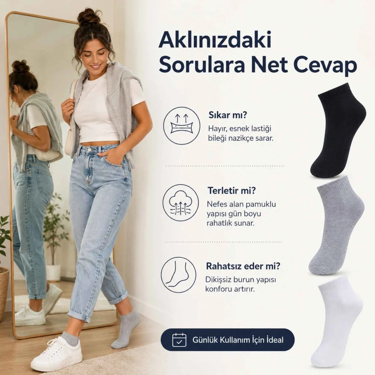 Kadın Kısa Konç Çorap 12’li Paket, %80 Pamuklu, Dikişsiz Burun, Nefes Alan Yumuşak Bilek Çorabı, Siyah Gri Beyaz