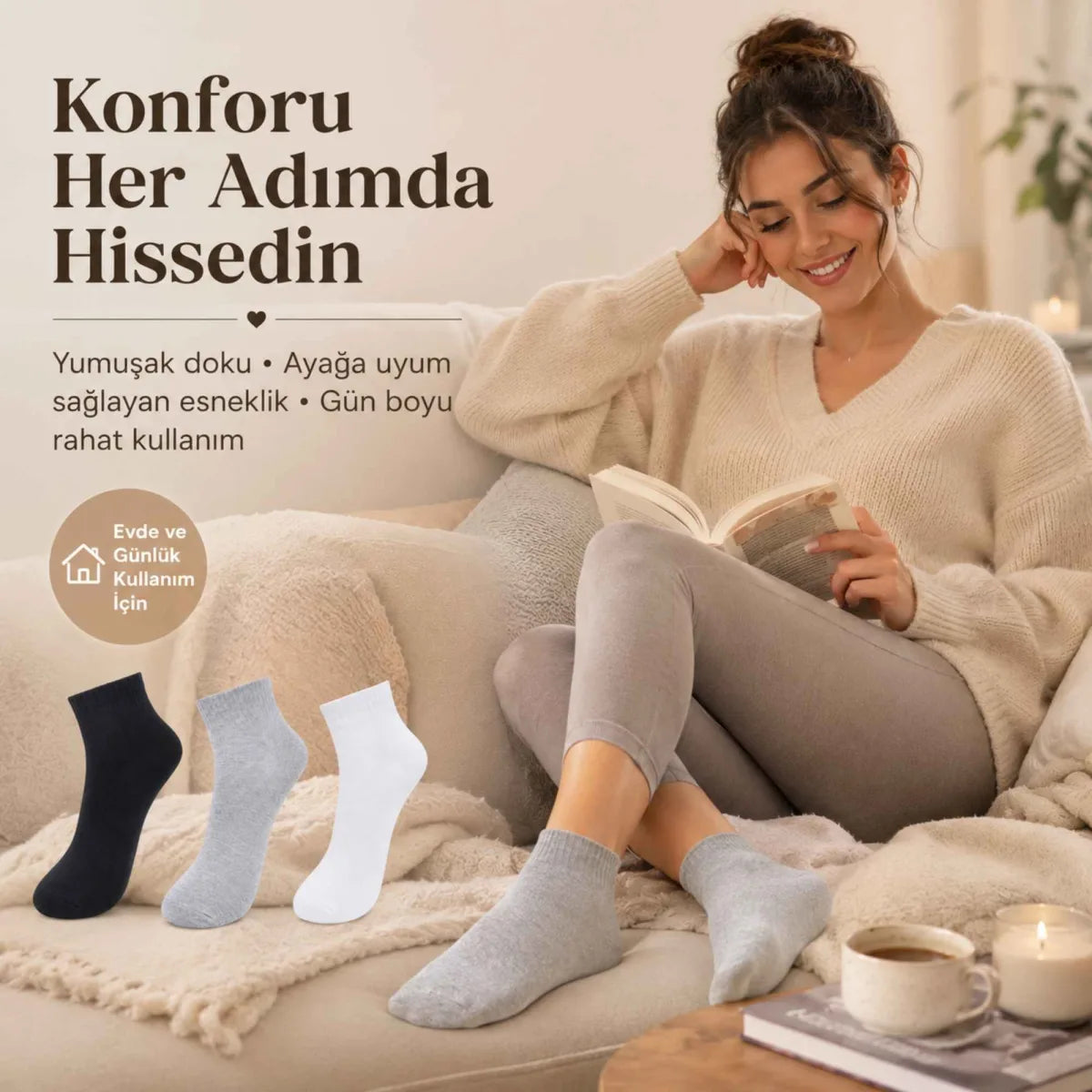 Kadın Kısa Konç Çorap 12’li Paket, %80 Pamuklu, Dikişsiz Burun, Nefes Alan Yumuşak Bilek Çorabı, Siyah Gri Beyaz