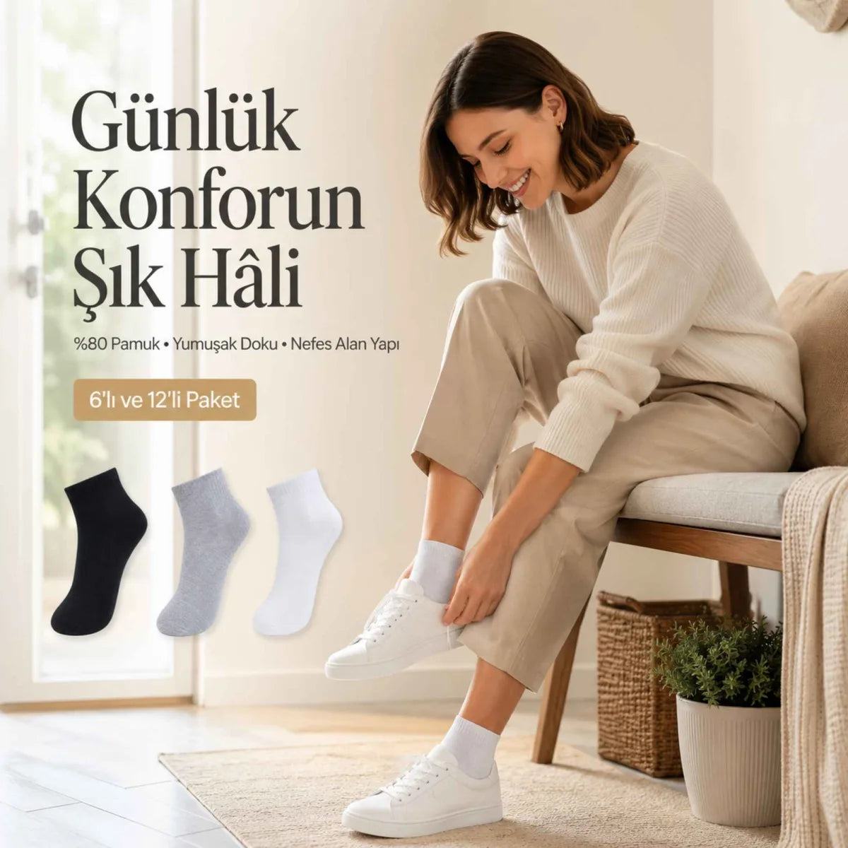 Kadın Kısa Konç Çorap 3’lü Paket, %80 Pamuklu, Dikişsiz Burun, Nefes Alan Yumuşak Bilek Çorabı, Siyah Gri Beyaz