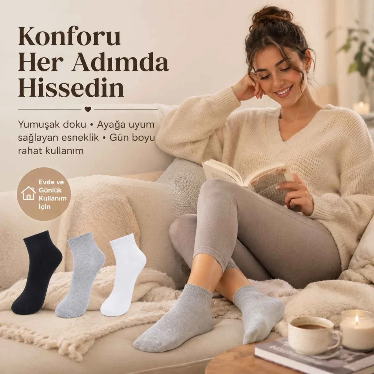 Kadın Kısa Konç Çorap 6’lı Paket, %80 Pamuklu, Dikişsiz Burun, Nefes Alan Yumuşak Bilek Çorabı, Siyah Gri Beyaz