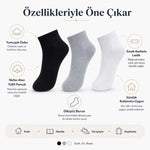 Kadın Kısa Konç Çorap 6’lı Paket, %80 Pamuklu, Dikişsiz Burun, Nefes Alan Yumuşak Bilek Çorabı, Siyah Gri Beyaz