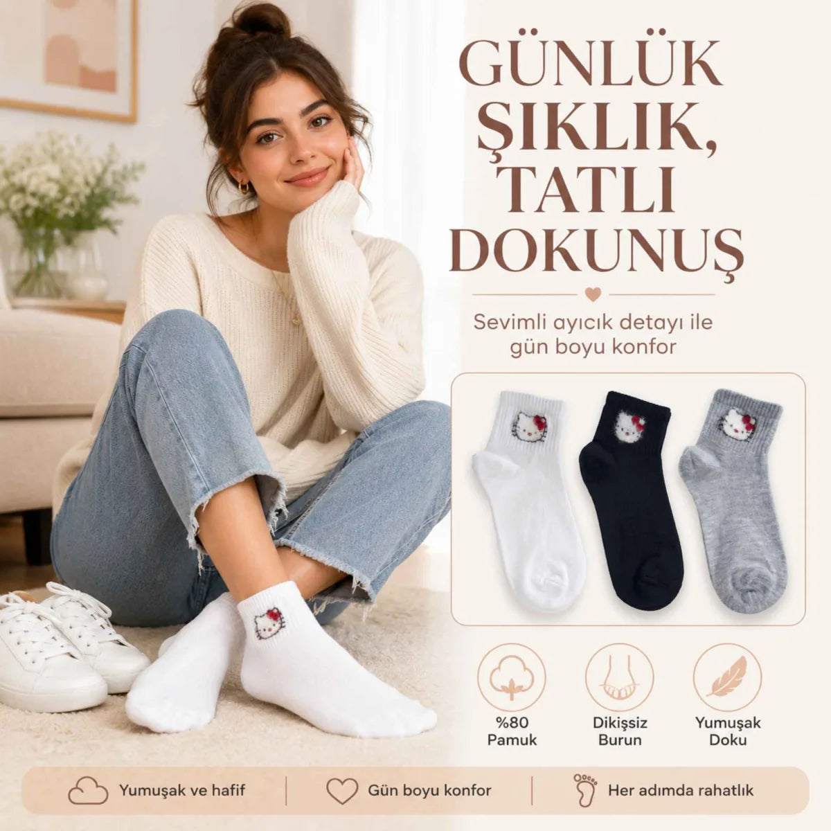 Kadın Sevimli Kedi Desenli Kısa Konç Çorap 12 Çift, %80 Pamuklu Dikişsiz Burun, Siyah Beyaz Gri, Yumuşak Günlük Bilek Çorabı