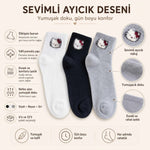 Kadın Sevimli Kedi Desenli Kısa Konç Çorap 12 Çift, %80 Pamuklu Dikişsiz Burun, Siyah Beyaz Gri, Yumuşak Günlük Bilek Çorabı