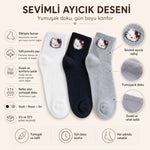 Kadın Sevimli Kedi Desenli Kısa Konç Çorap 12 Çift, %80 Pamuklu Dikişsiz Burun, Siyah Beyaz Gri, Yumuşak Günlük Bilek Çorabı