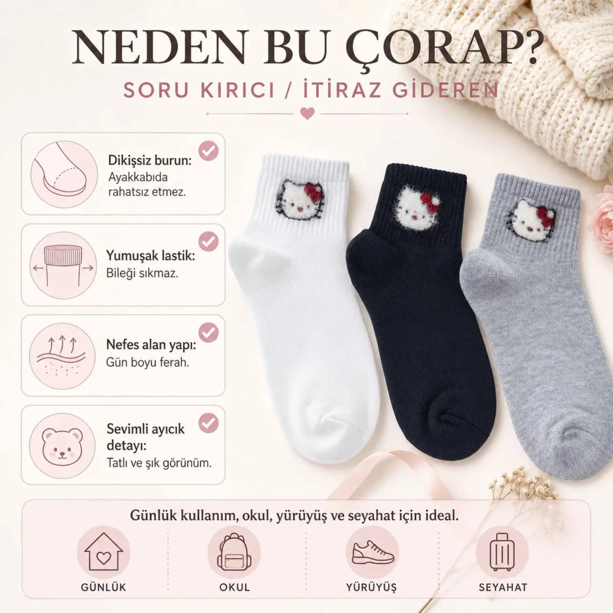 Kadın Sevimli Kedi Desenli Kısa Konç Çorap 3 Çift, %80 Pamuklu Dikişsiz Burun, Siyah Beyaz Gri, Yumuşak Günlük Bilek Çorabı