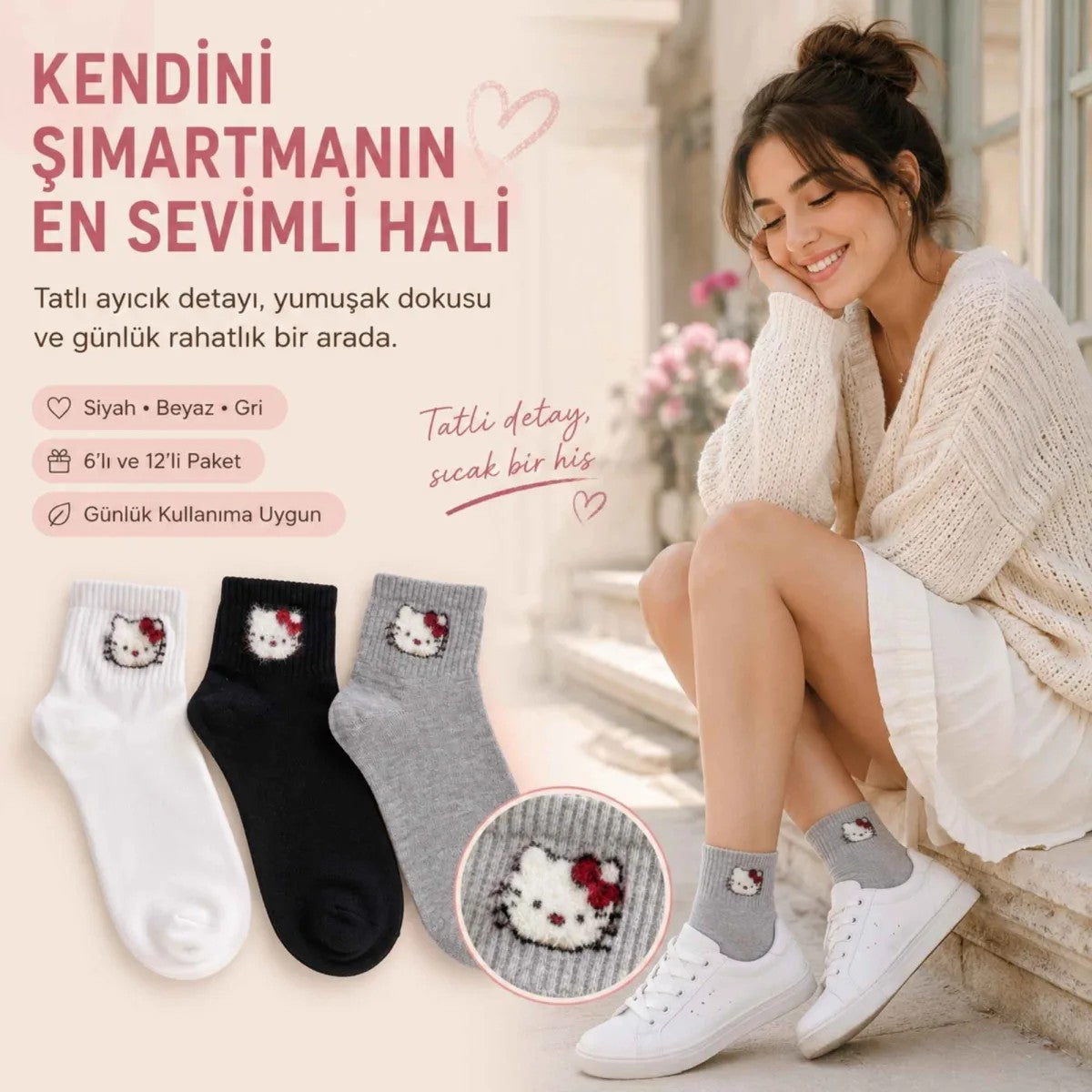 Kadın Sevimli Kedi Desenli Kısa Konç Çorap 3 Çift, %80 Pamuklu Dikişsiz Burun, Siyah Beyaz Gri, Yumuşak Günlük Bilek Çorabı