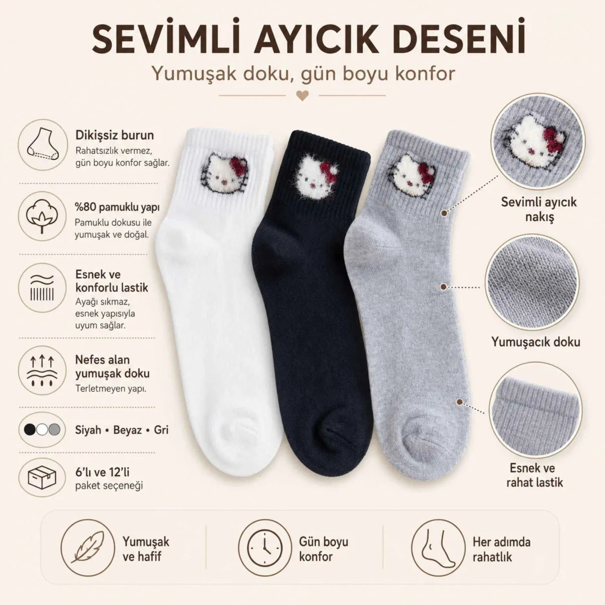 Kadın Sevimli Kedi Desenli Kısa Konç Çorap 3 Çift, %80 Pamuklu Dikişsiz Burun, Siyah Beyaz Gri, Yumuşak Günlük Bilek Çorabı