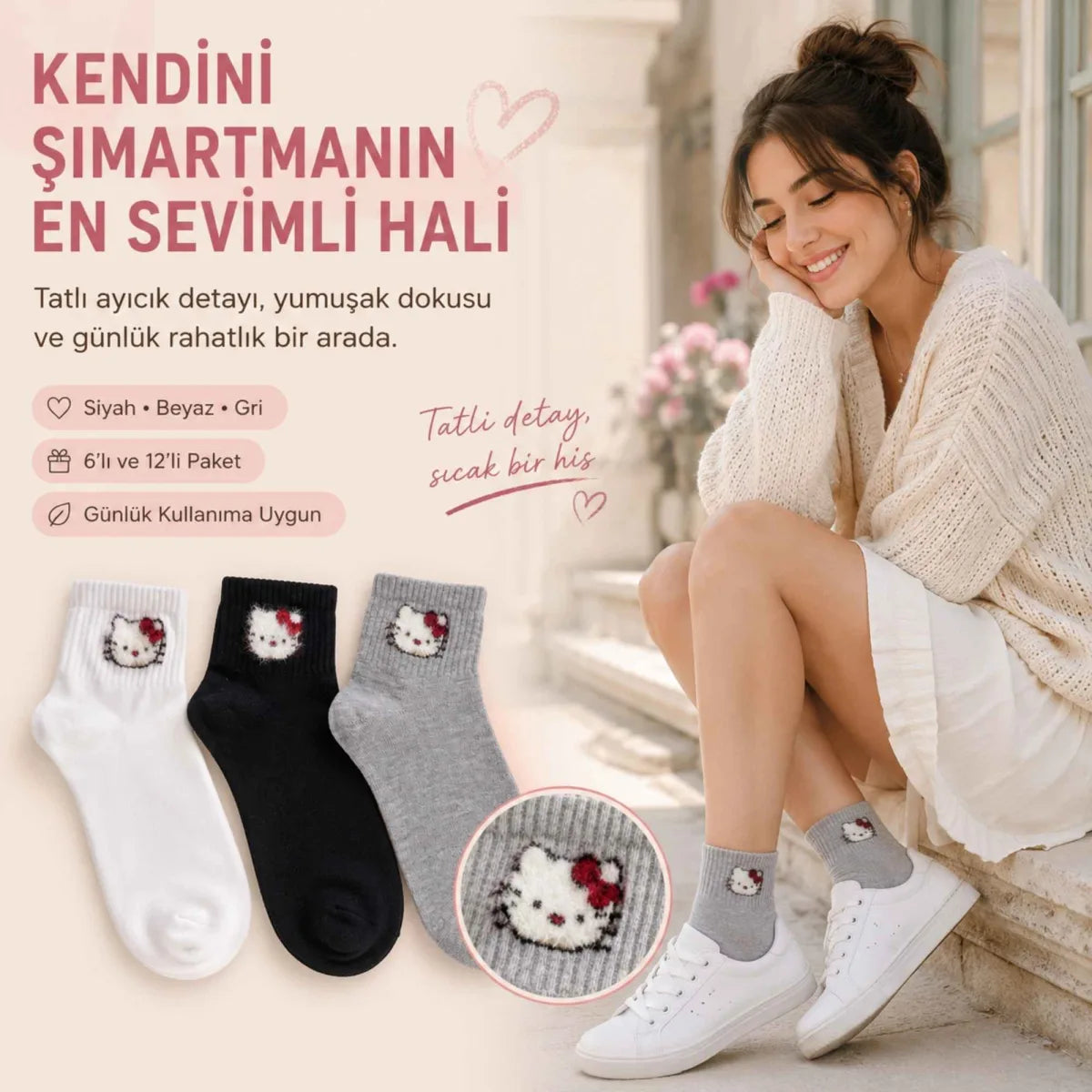 Kadın Sevimli Kedi Desenli Kısa Konç Çorap 6 Çift, %80 Pamuklu Dikişsiz Burun, Siyah Beyaz Gri, Yumuşak Günlük Bilek Çorabı
