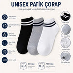 Unisex Çizgili Kısa Konç Patik Çorap 12 Çift, %85 Pamuklu Geri Dönüştürülmüş İplik, Parfümlü İnce Dikişli, Siyah Beyaz Gri Günlük Spor Çorabı