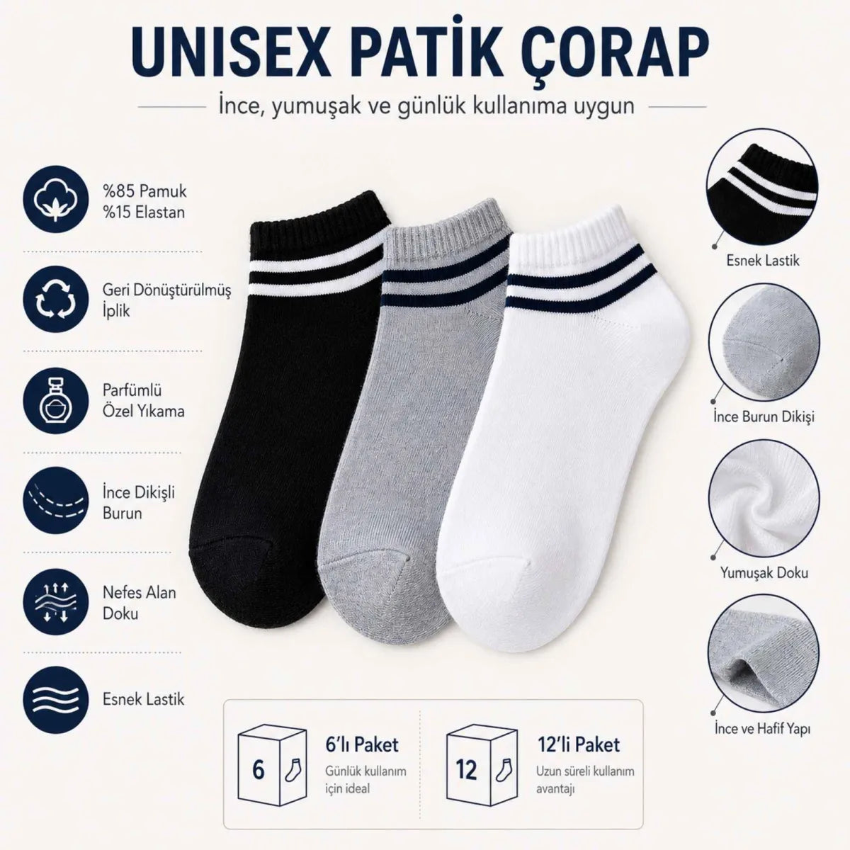 Unisex Çizgili Kısa Konç Patik Çorap 12 Çift, %85 Pamuklu Geri Dönüştürülmüş İplik, Parfümlü İnce Dikişli, Siyah Beyaz Gri Günlük Spor Çorabı