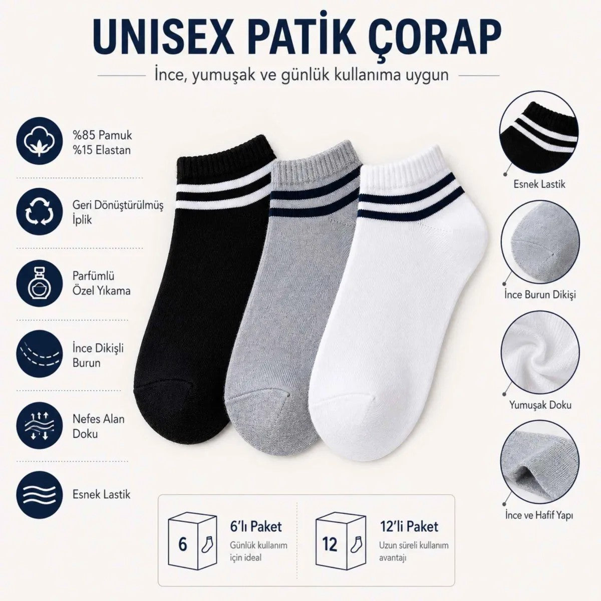 Unisex Çizgili Kısa Konç Patik Çorap 6 Çift, %85 Pamuklu Geri Dönüştürülmüş İplik, Parfümlü İnce Dikişli, Siyah Beyaz Gri Günlük Spor Çorabı