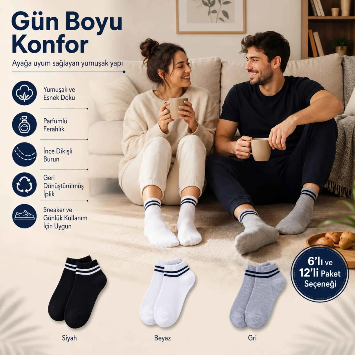 Unisex Çizgili Kısa Konç Patik Çorap 6 Çift, %85 Pamuklu Geri Dönüştürülmüş İplik, Parfümlü İnce Dikişli, Siyah Beyaz Gri Günlük Spor Çorabı