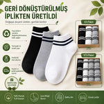 Unisex Çizgili Kısa Konç Patik Çorap 6 Çift, %85 Pamuklu Geri Dönüştürülmüş İplik, Parfümlü İnce Dikişli, Siyah Beyaz Gri Günlük Spor Çorabı